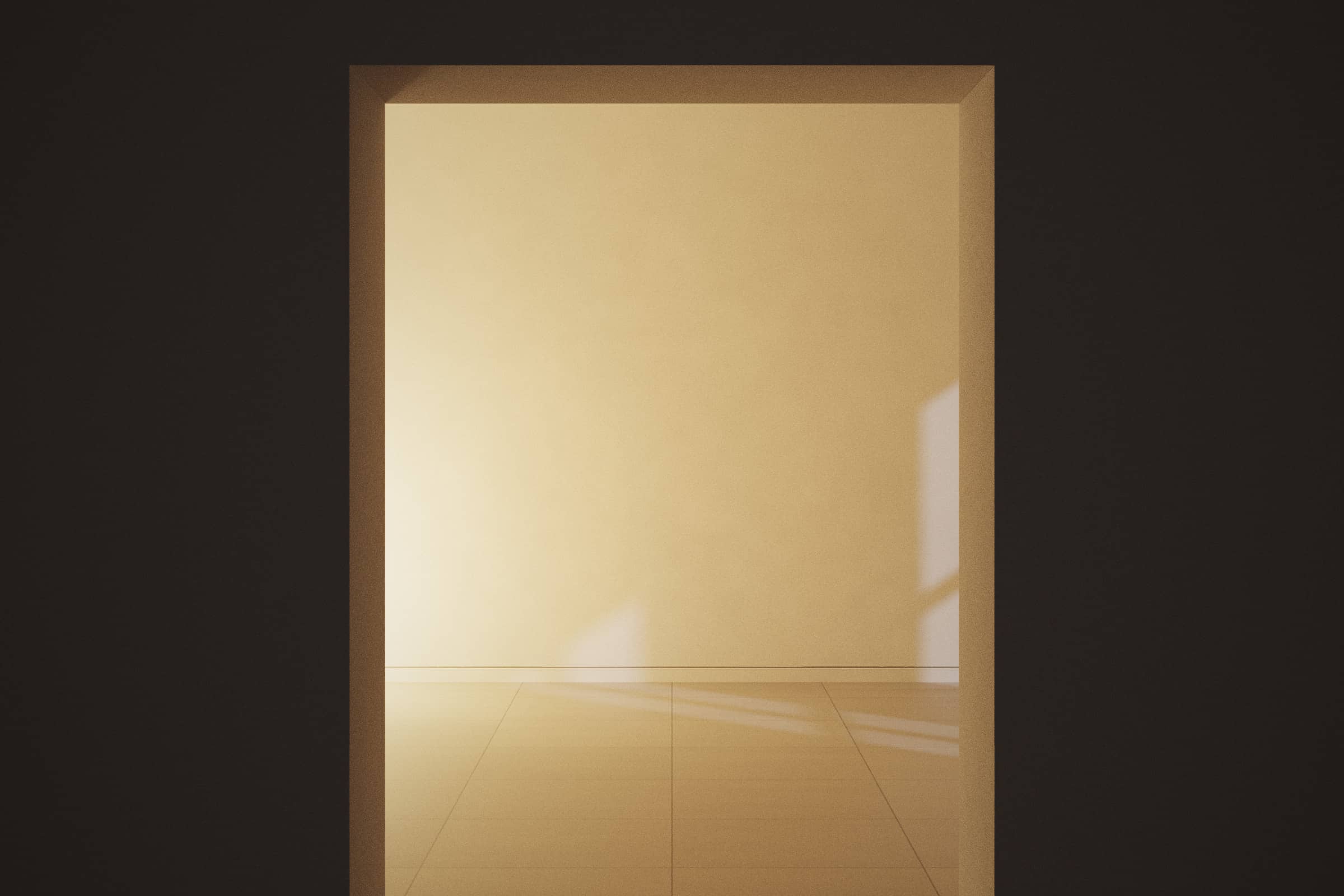 Étude architecturale : la même porte, la nuit, ouverte sur une pièce éclairée d’une lampe (visuel conceptuel).