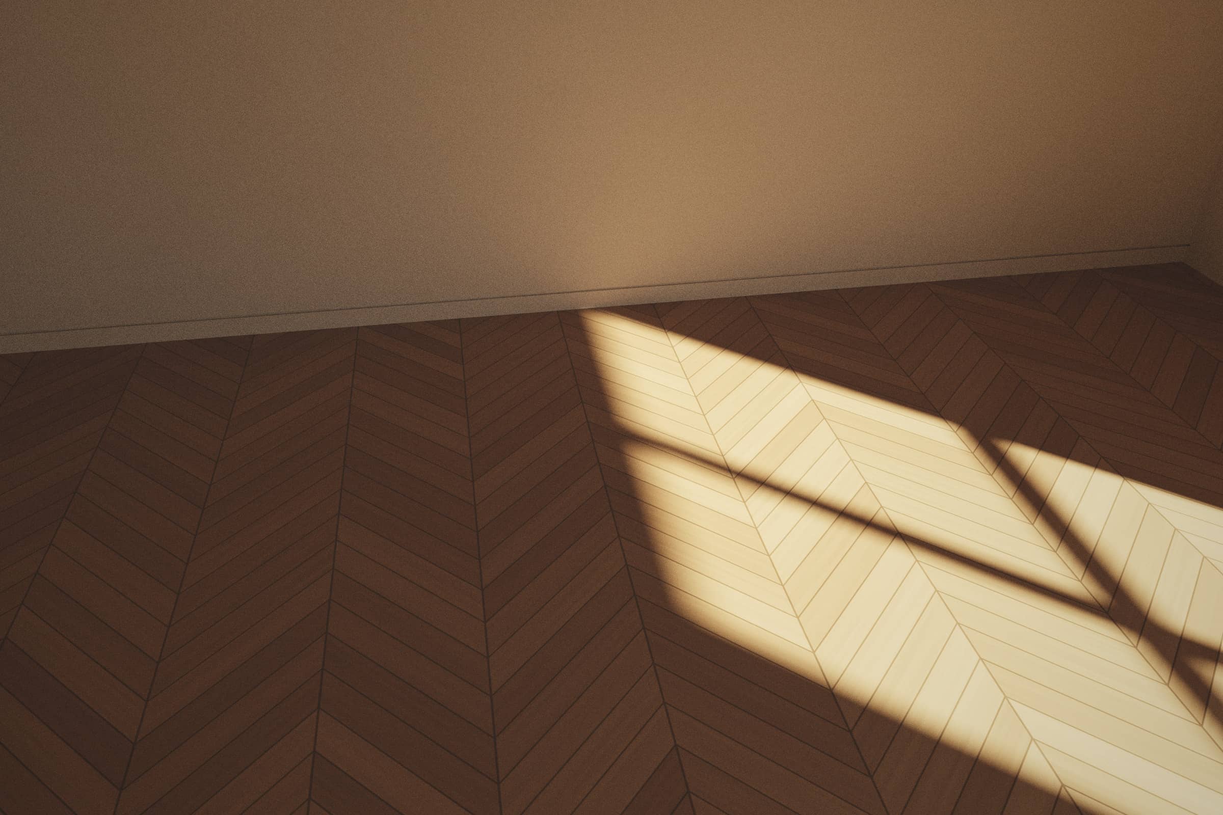 Étude de matière : parquet de chêne en point de Hongrie dans la lumière d’une fenêtre (visuel conceptuel).